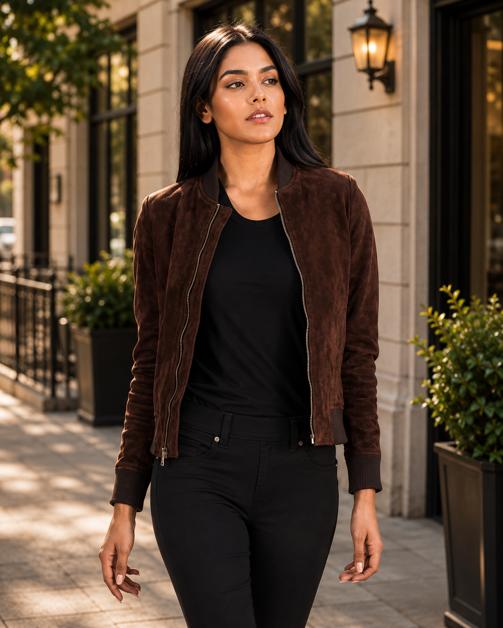 Dark Brown Leather Bomber Jacket