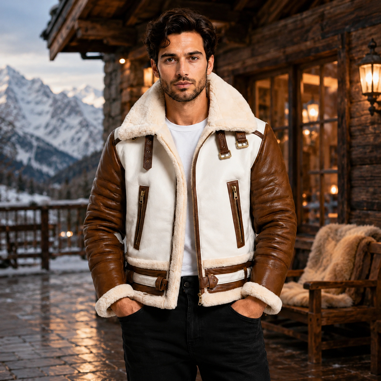 Men's Dual-Tone Brown & White Aviator Jacket