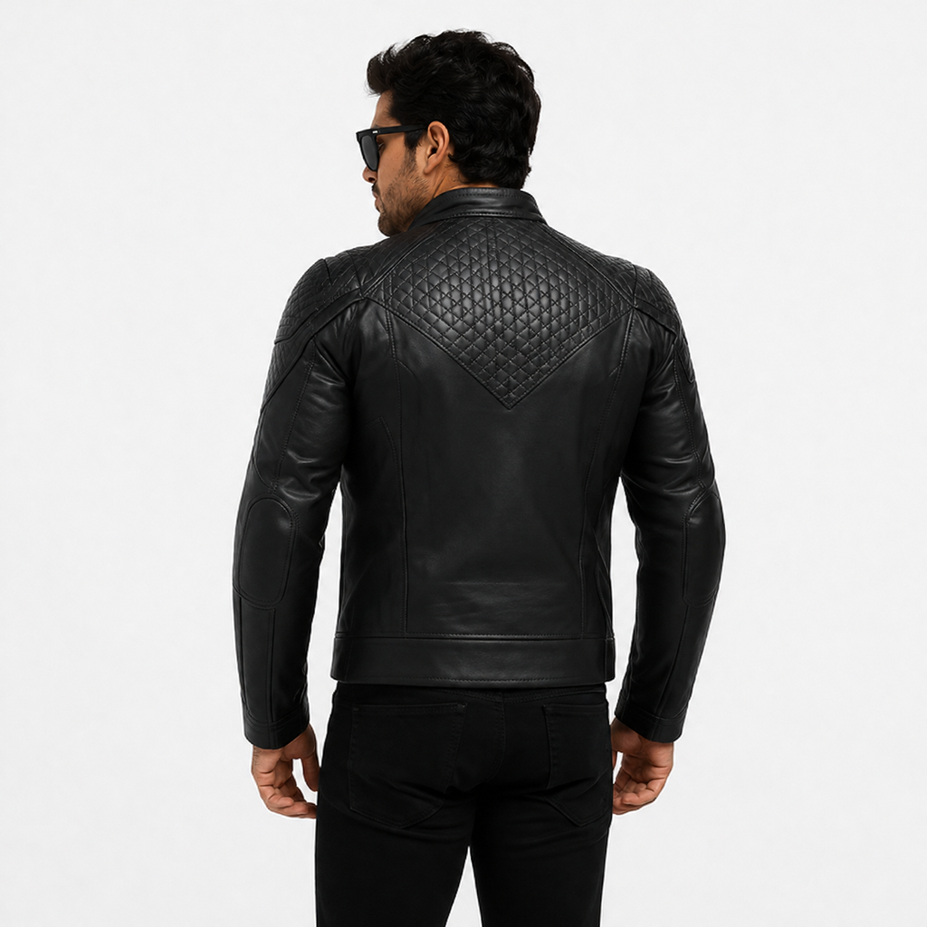 Men's Stealth All-Black Diamond Quilted Leather Biker Jacket