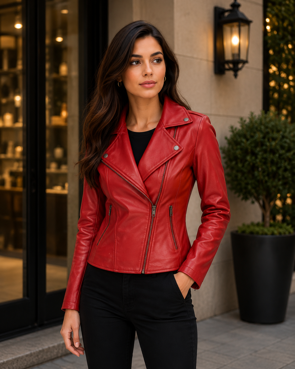 Women's Red Leather Biker Jacket Street Style Outfit 
