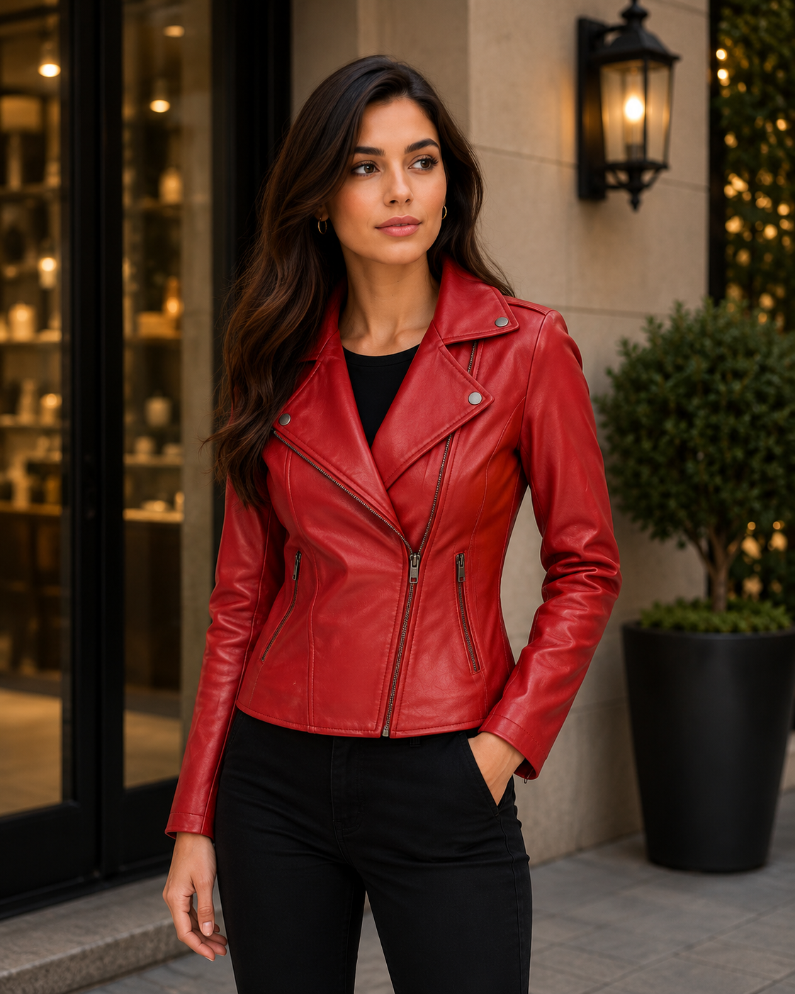 Women's Red Leather Biker Jacket Street Style Outfit 
