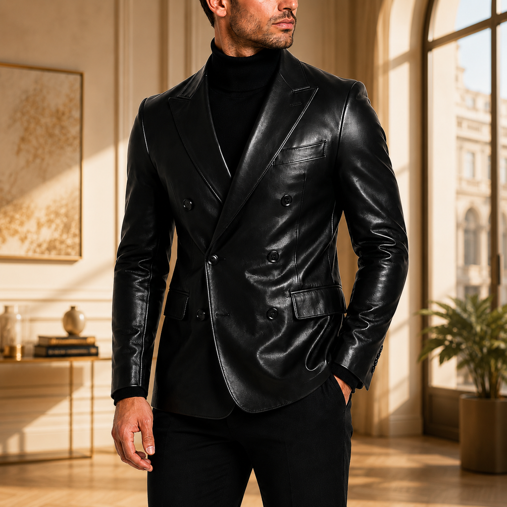 Men's Black Double Breasted Genuine Leather Blazer Front View