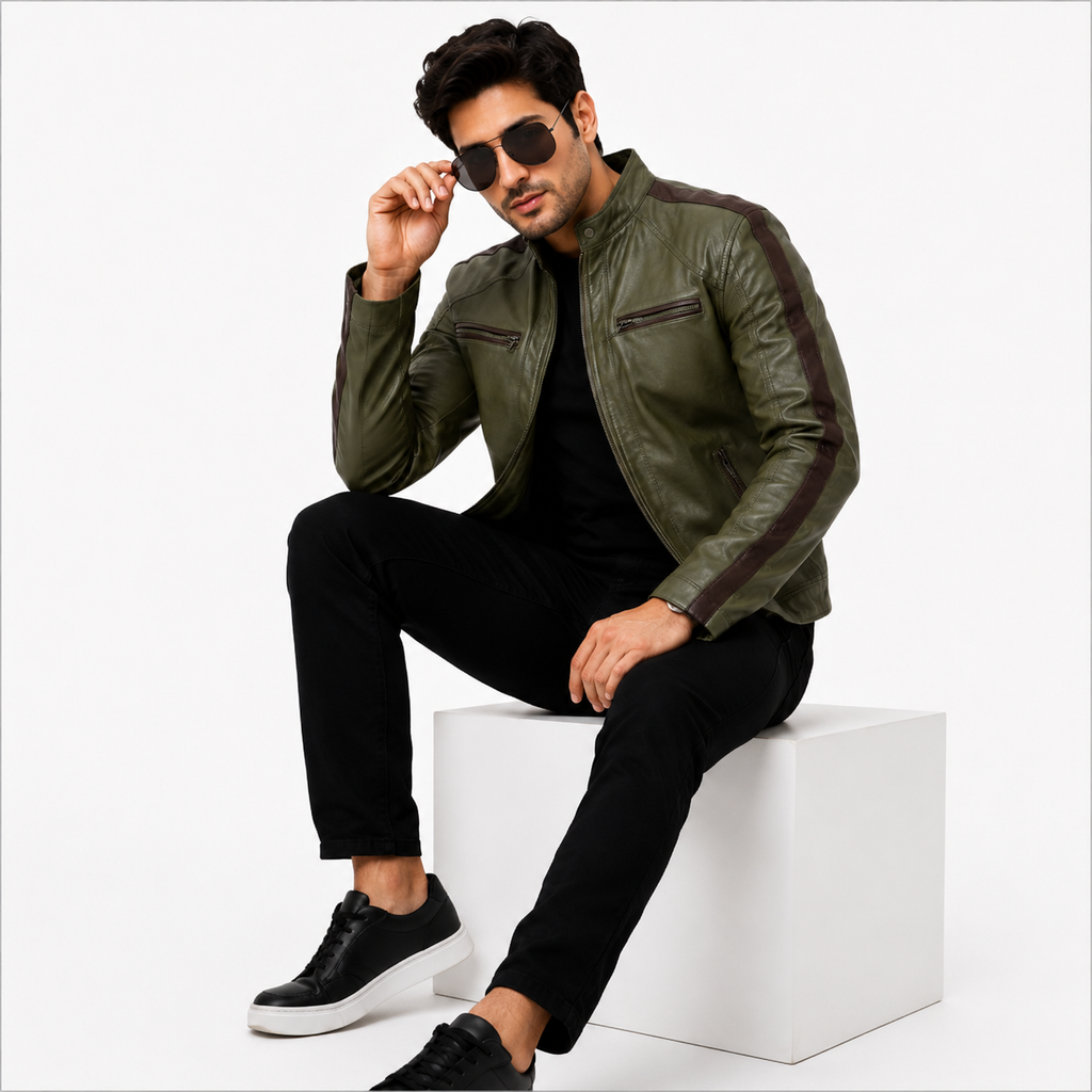 Men's Olive Green Cafe Racer Leather Jacket