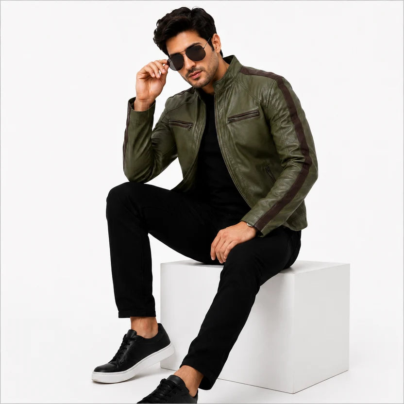 Men's Olive Green and Brown Stripe Cafe Racer Leather Jacket
