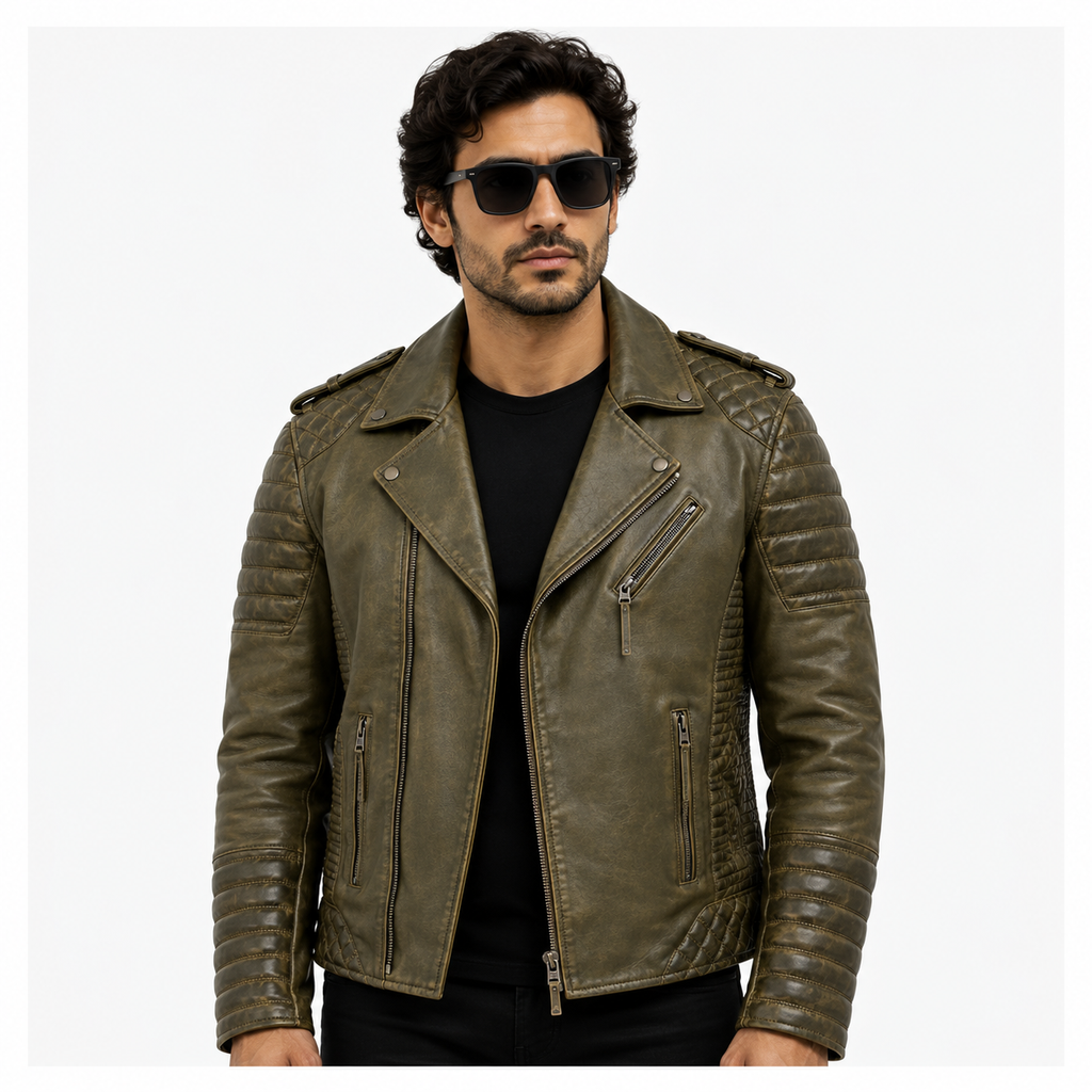 Men's Distressed Olive Green Leather Biker Jacket