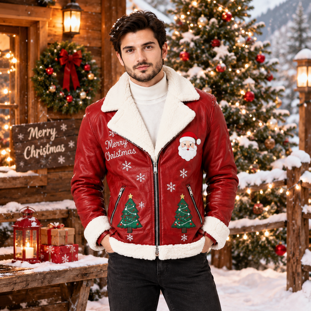 Men's red Christmas leather jacket Merry Christmas Santa shearling