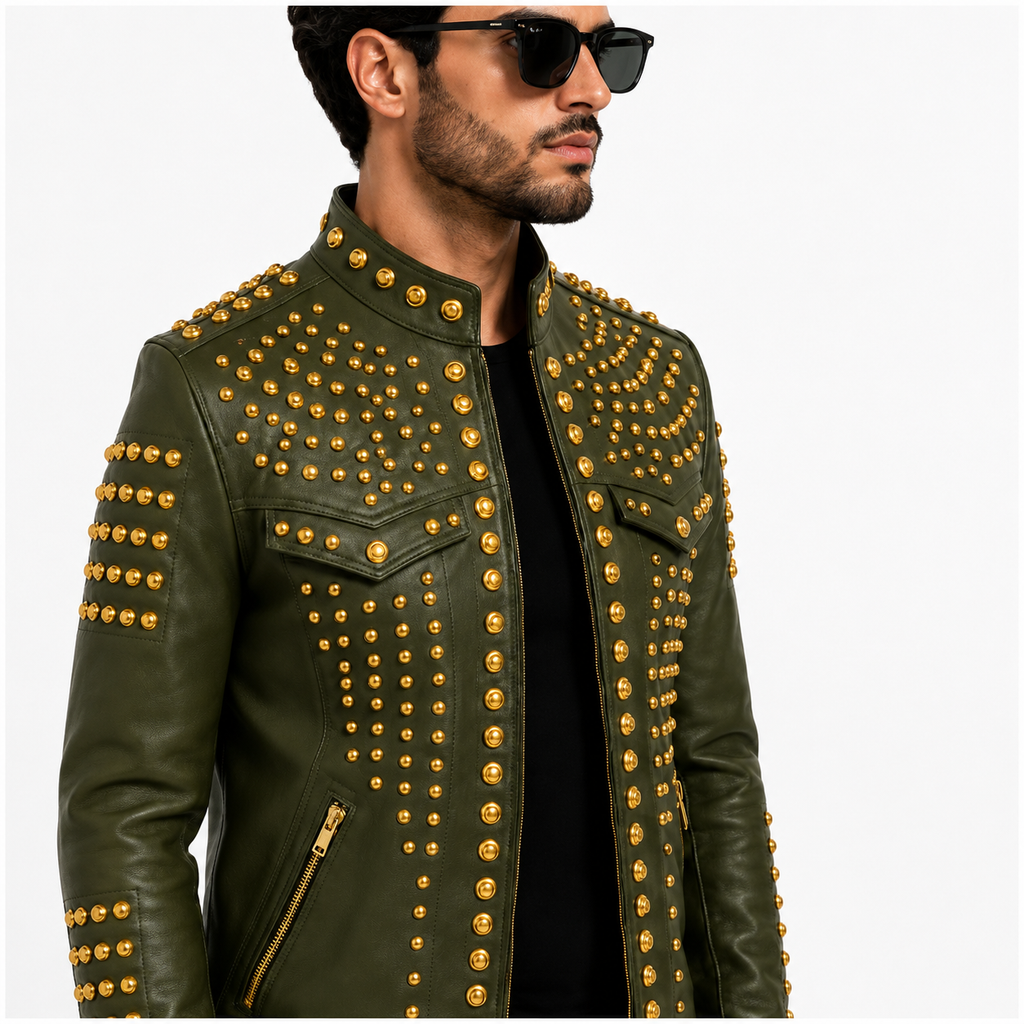 Men's Olive Green Studded Leather Jacket
