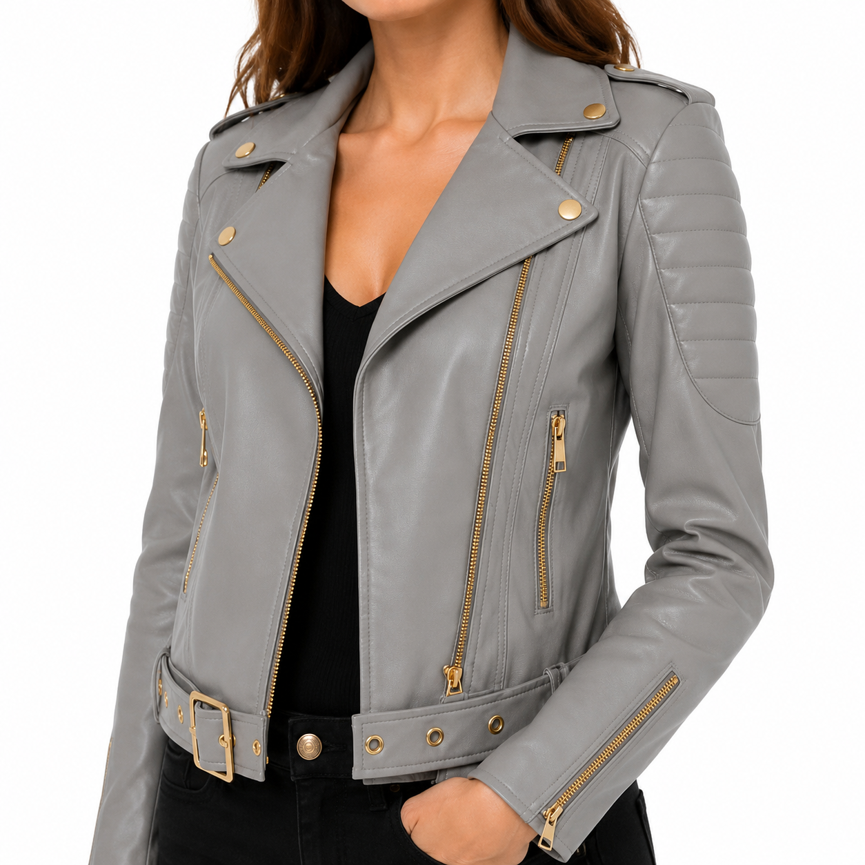 Women's Gray Asymmetrical Belted Leather Biker Jacket