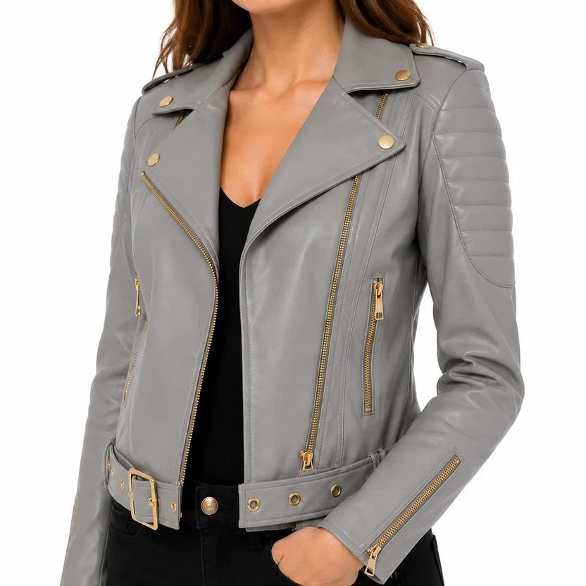 Women's Pink Genuine Leather Biker Jacket