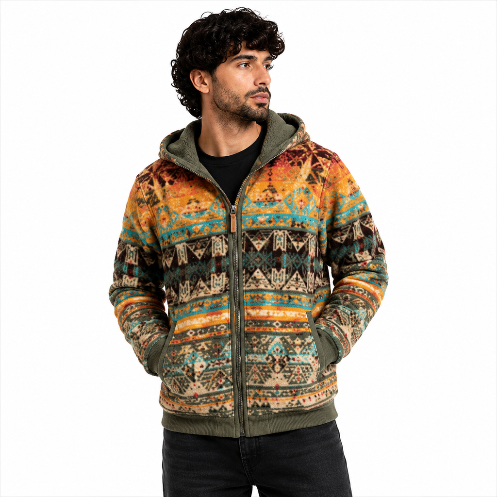 Men's Olive Aztec Sherpa Jacket Outdoor Winter Outfit