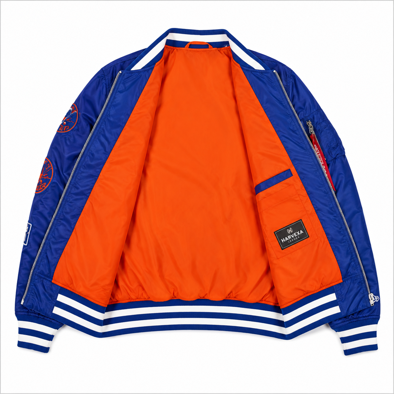 Blue New York Knicks NBA Satin Bomber Jacket with Patches and Logos