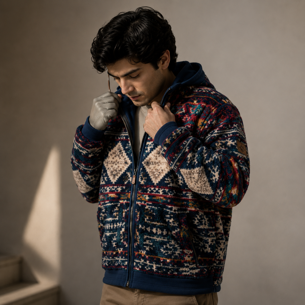 Men's Navy Aztec Diamond Sherpa Fleece Hooded Jacket