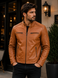 Men's Leather Cafe Racer Biker Jacket Ron Tan