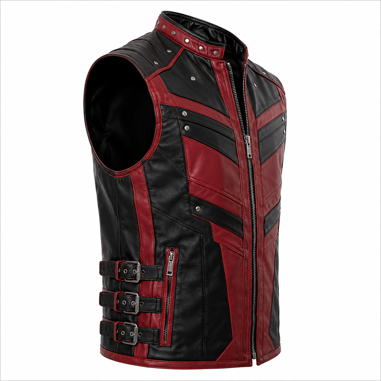 Men's Red & Black Leather Biker Vest