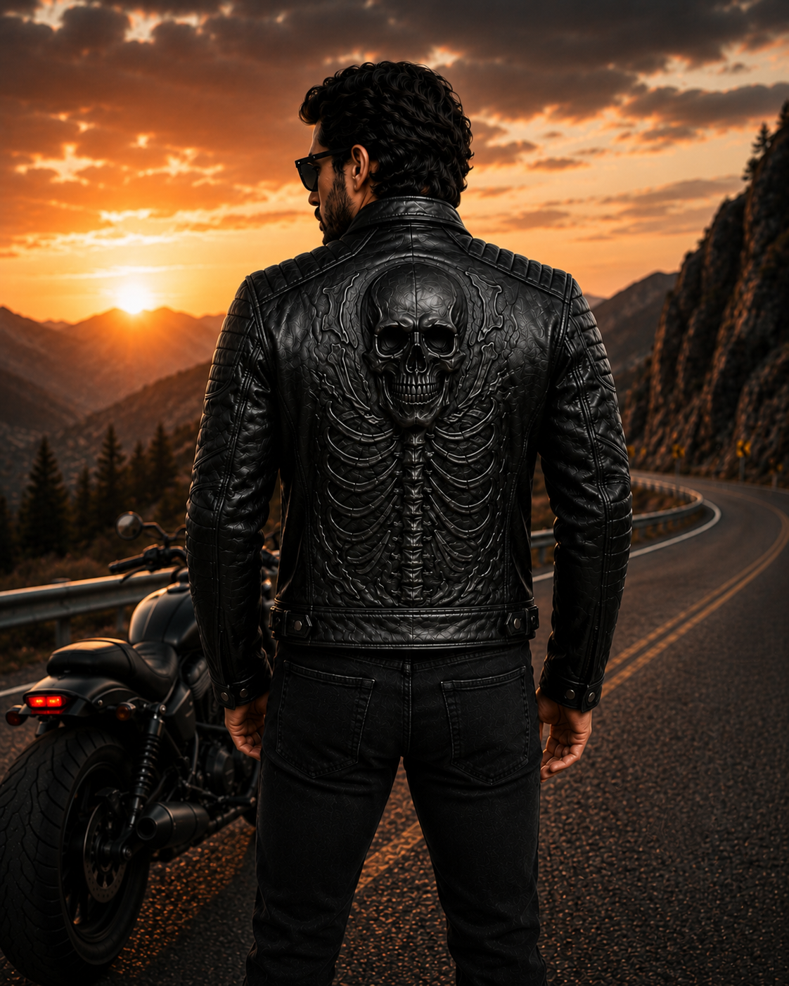 Men's Black Skull Embossed Biker Leather Jacket