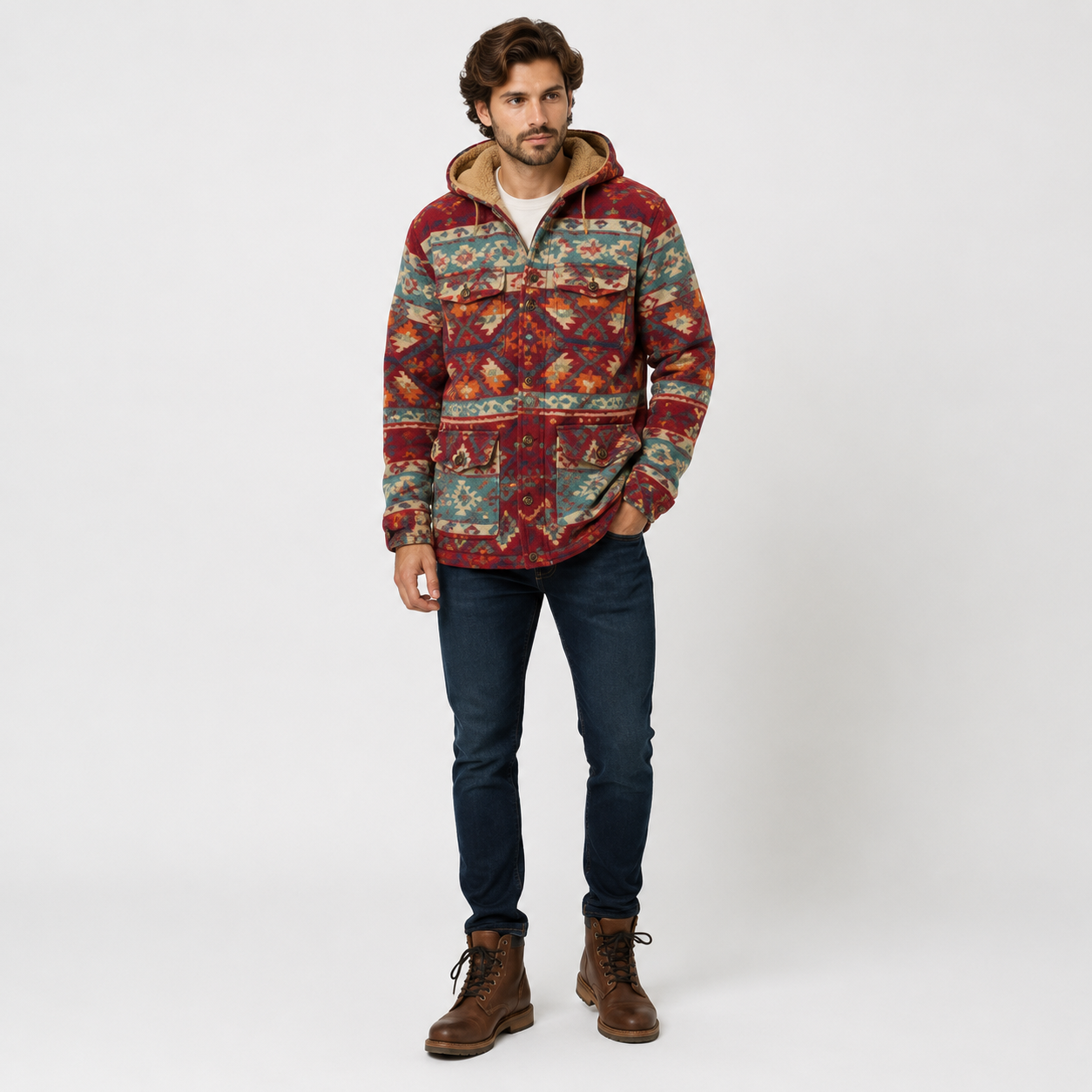 Men's Burgundy Aztec Button-Down Sherpa Shacket Jacket