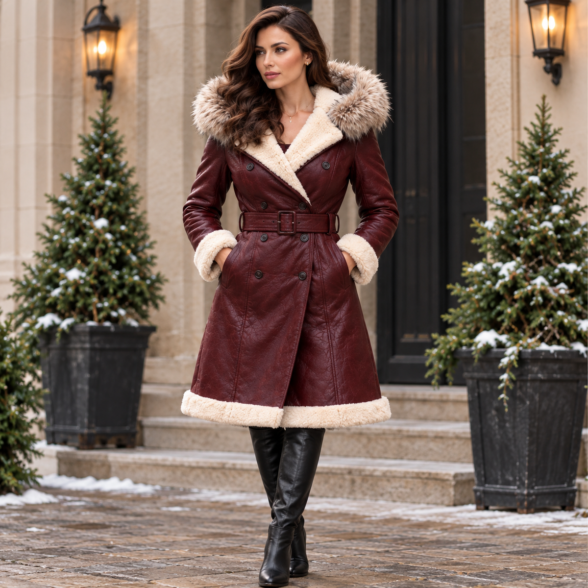 Women's White Shearling Leather Trench Coat Double Breasted Fur Hooded Long Coat