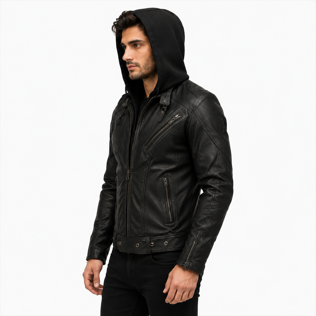 Men's Belted Black Leather Jacket