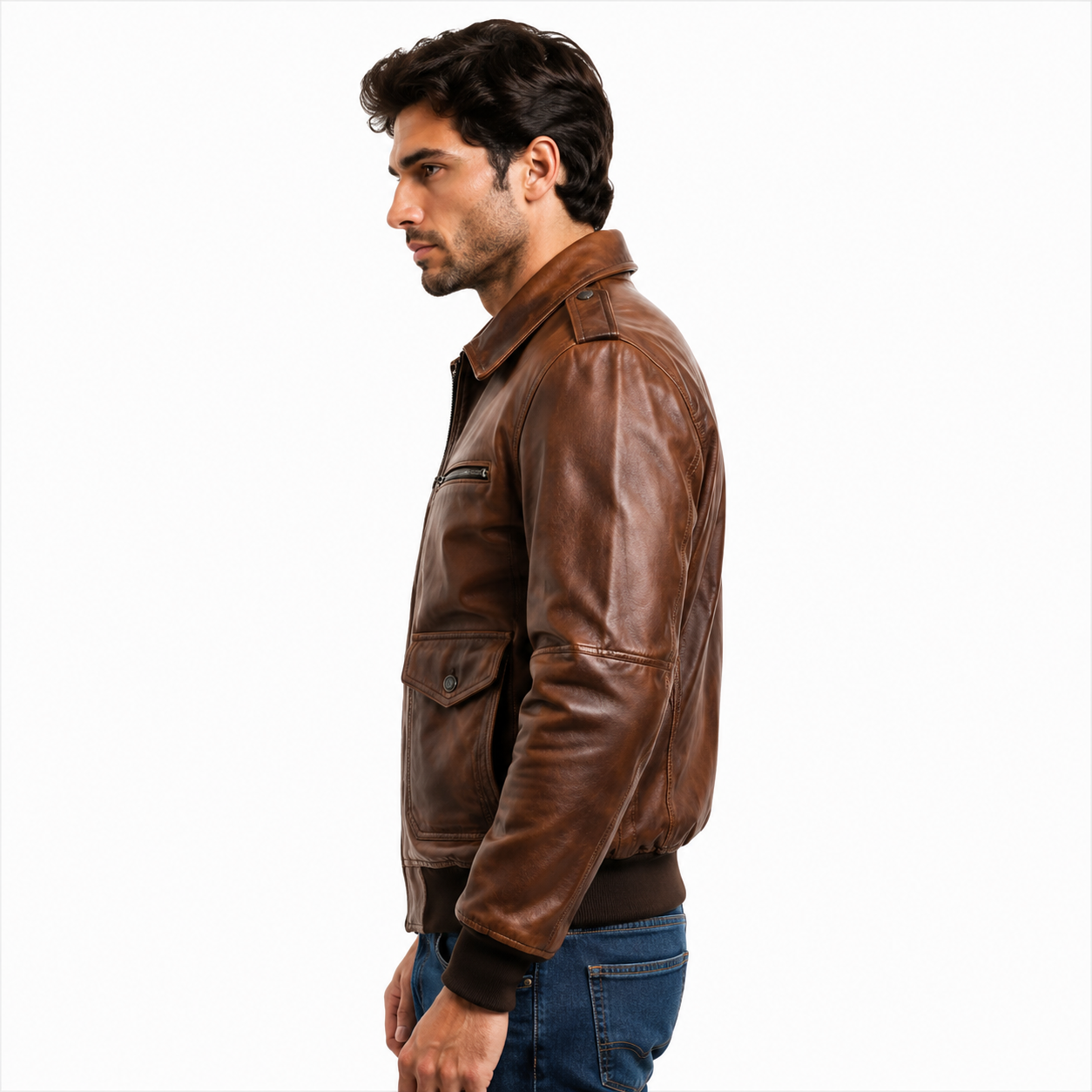 Men's Brown Military Style Leather Bomber Jacket Side Profile