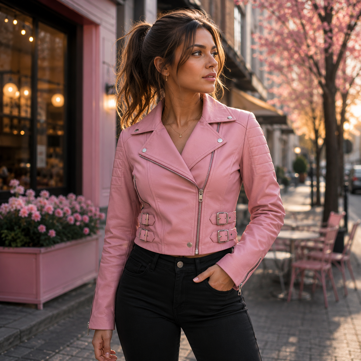 Women's Baby Pink Biker Leather Jacket