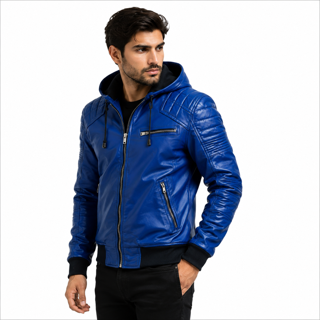 Royal Blue Leather Jacket Side Profile with Ribbed Sleeves