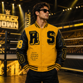 Men's Yellow and Black Varsity Letterman Jacket with Faux Leather Sleeves