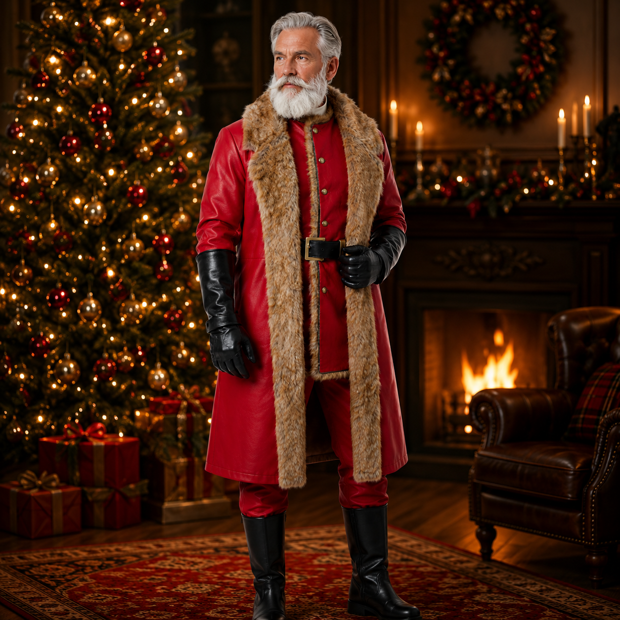 Santa Inspired Red Faux Leather Coat Costume with Faux Fur Trim – Christmas Holiday Outfit