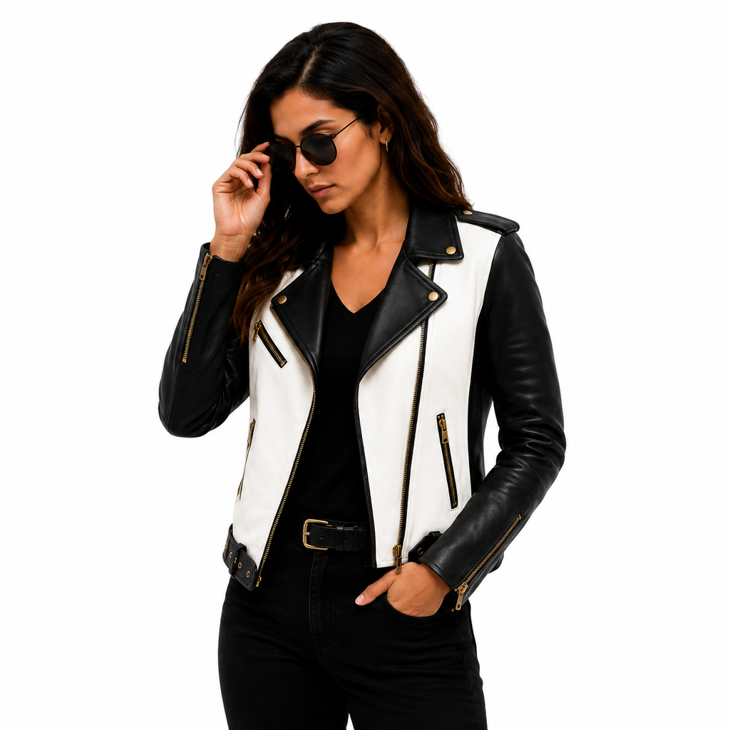 Women's Black & White Biker Leather Jacket