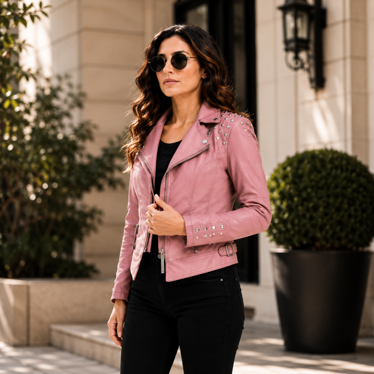 Women's Studded Pink Leather Biker Jacket