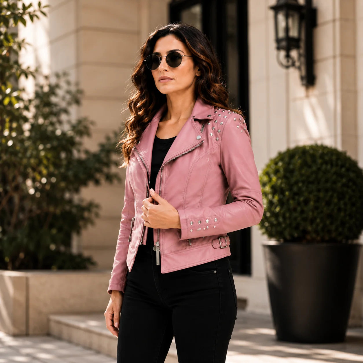 Pink Studded Leather Biker Jacket