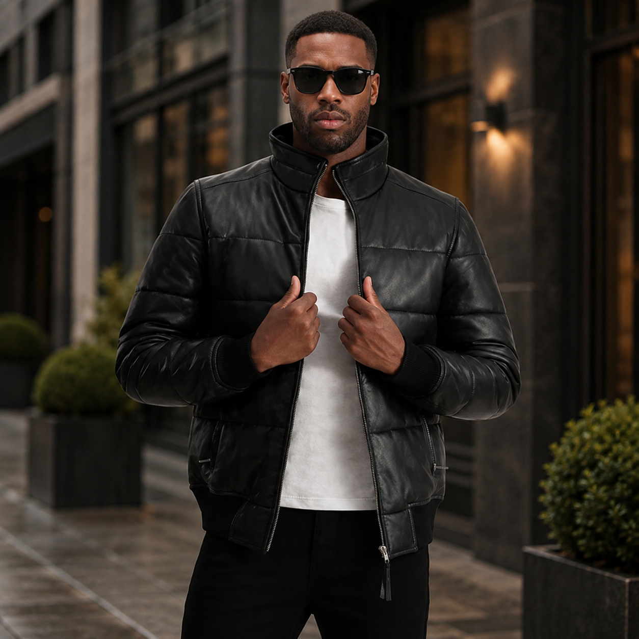 Lucas Black Leather Puffer Bomber Jacket