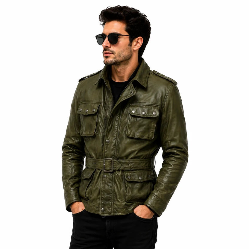 Men's Olive Green Distressed Leather Field Biker Jacket with Waist Belt and 4 Pockets