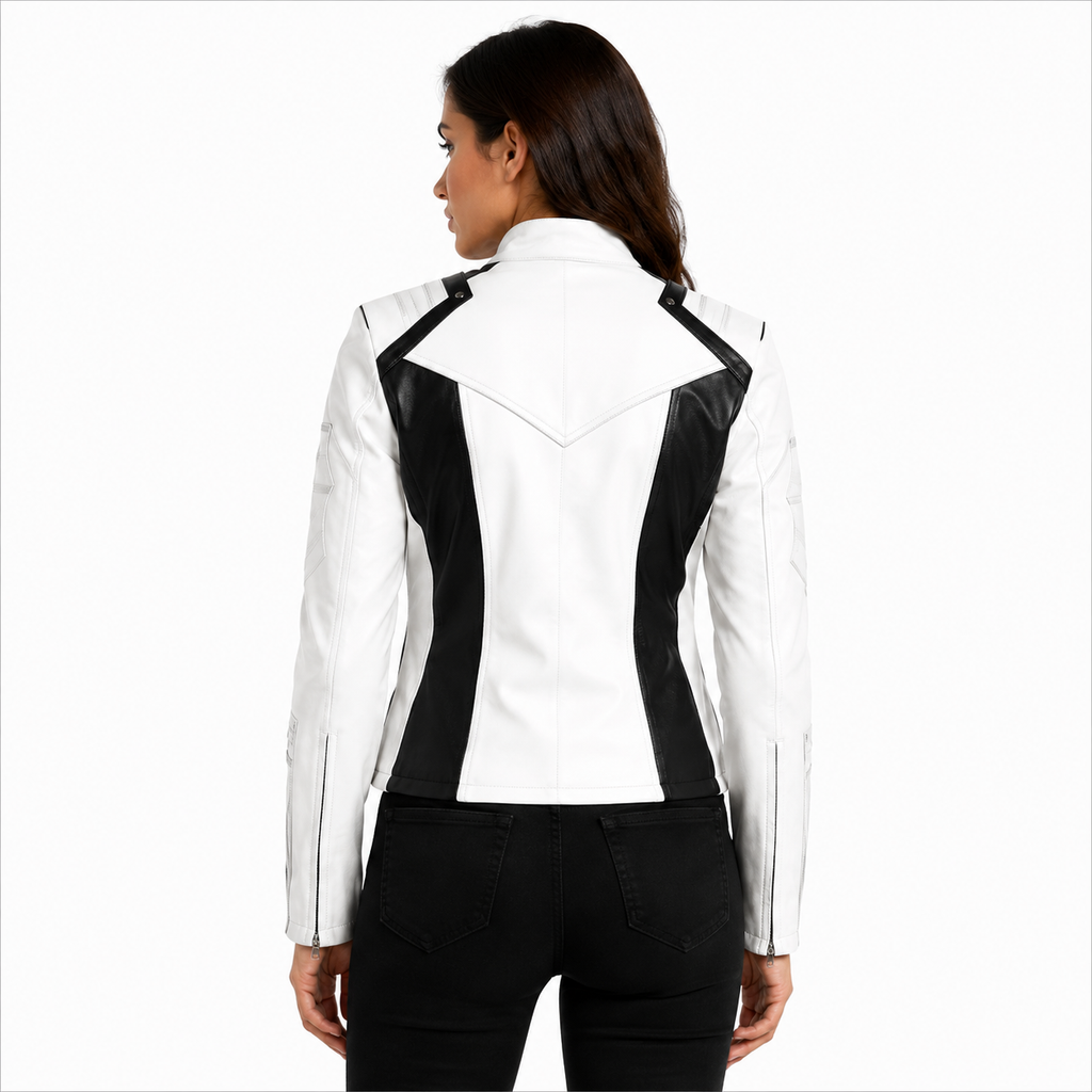 Women's Pure White and Black Two-Tone Cafe Racer Leather