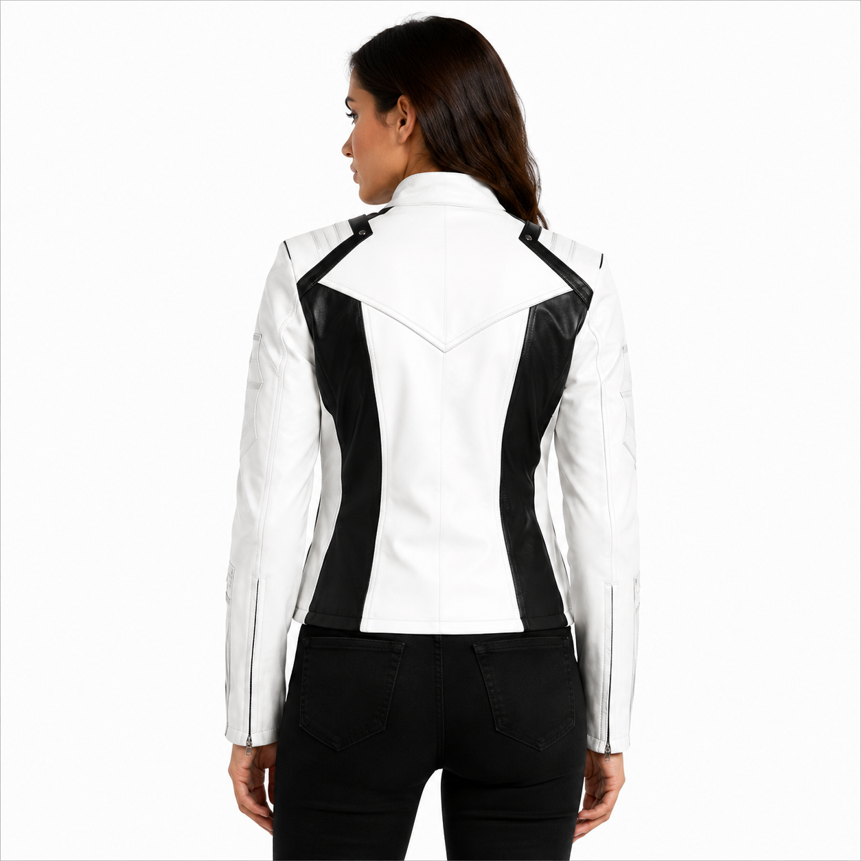 Women's Pure White and Black Two-Tone Cafe Racer Leather