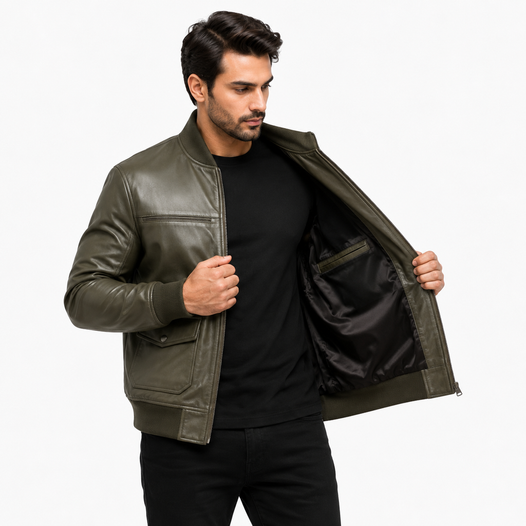 Men's olive green leather bomber jacket