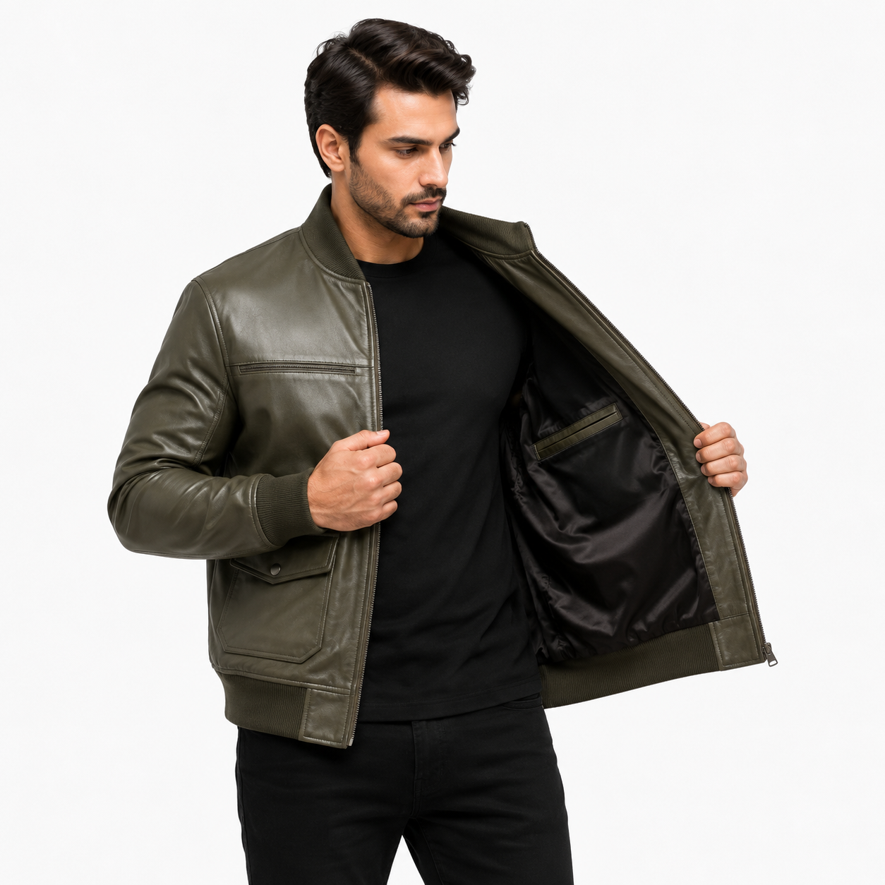 Men's olive green leather bomber jacket