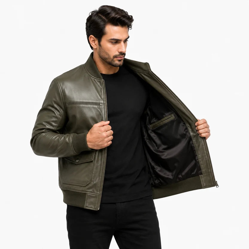  Men's Olive Green Leather Bomber Jacket