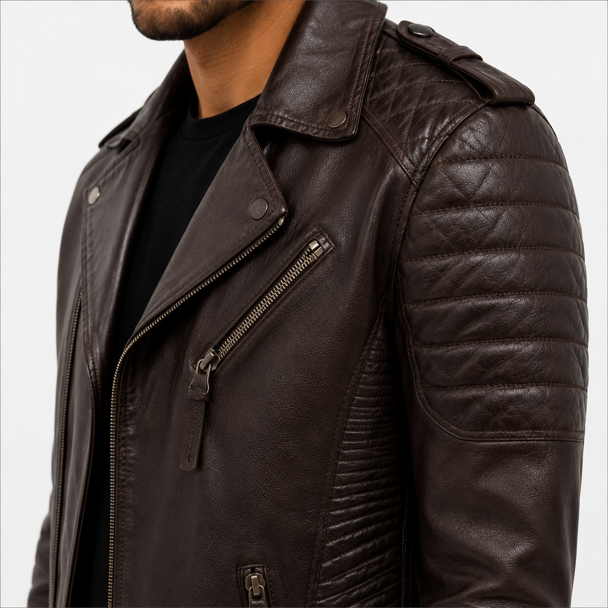 Men's Dark Brown Distressed Asymmetric Leather Biker Jacket