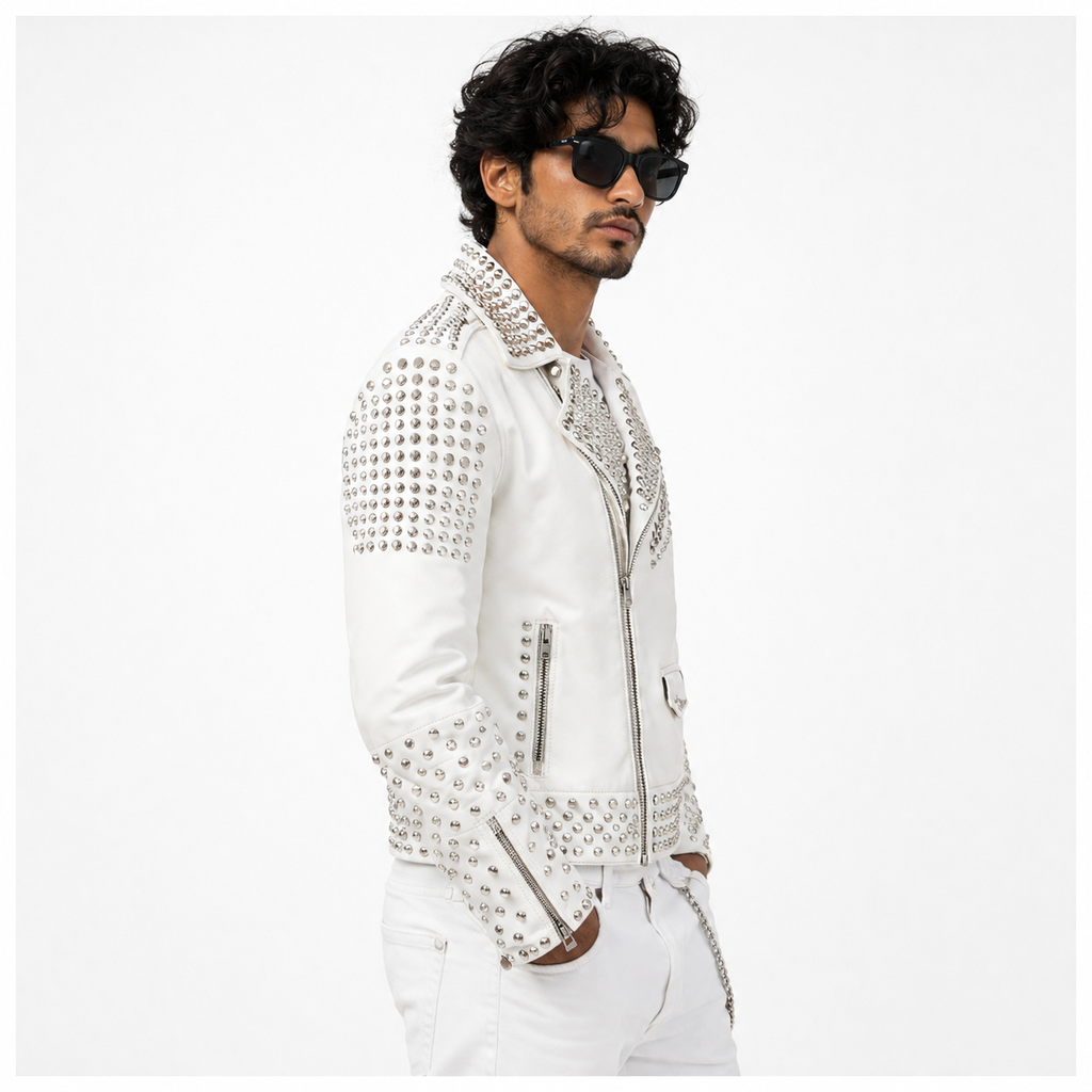 Men's Brando Spike Studded WhiteLeather Biker Jacket