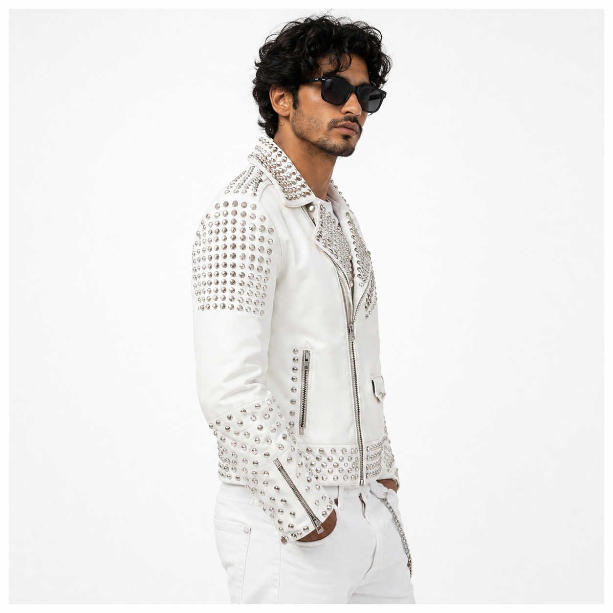 Men's Brando Spike Studded WhiteLeather Biker Jacket