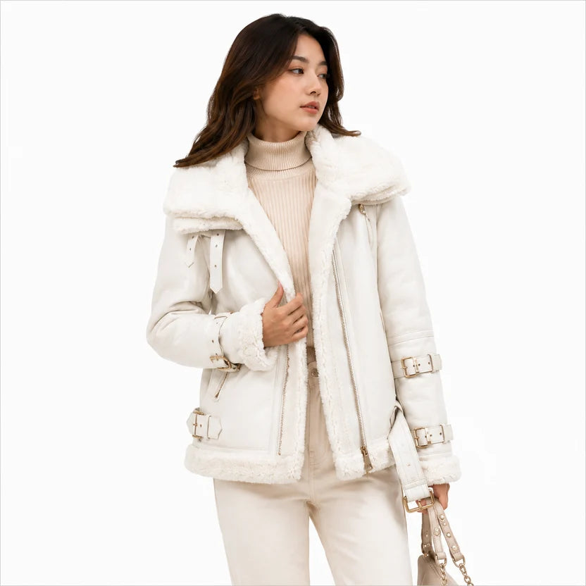 Women's Off-White Shearling Aviator Jacket Real Leather B3 Bomber