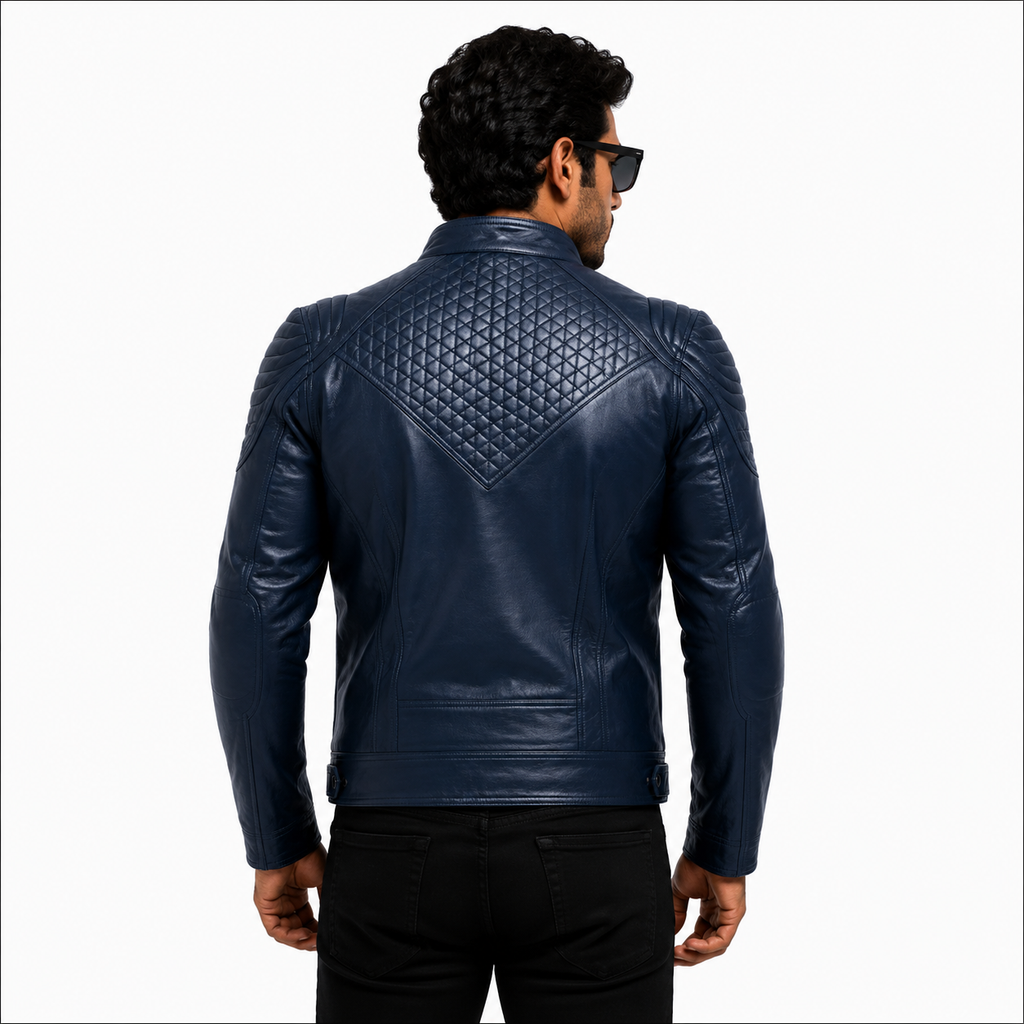 Men's Navy Blue Quilted Racer Leather Jacket
