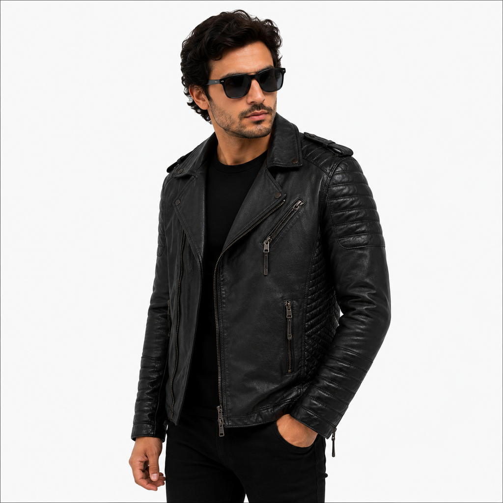 Men's Stealth Black Asymmetric Leather Biker Jacket