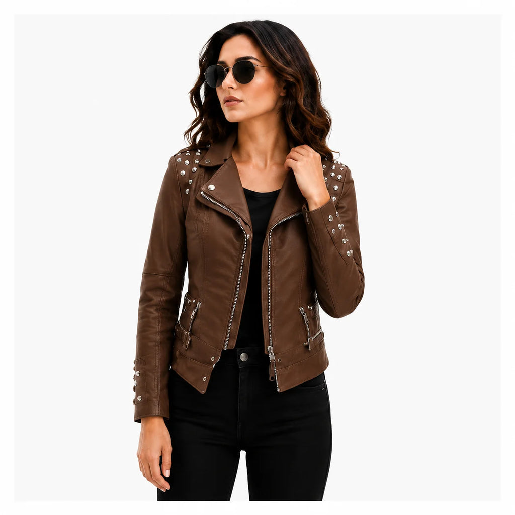 Brown Studded Leather Biker Jacket