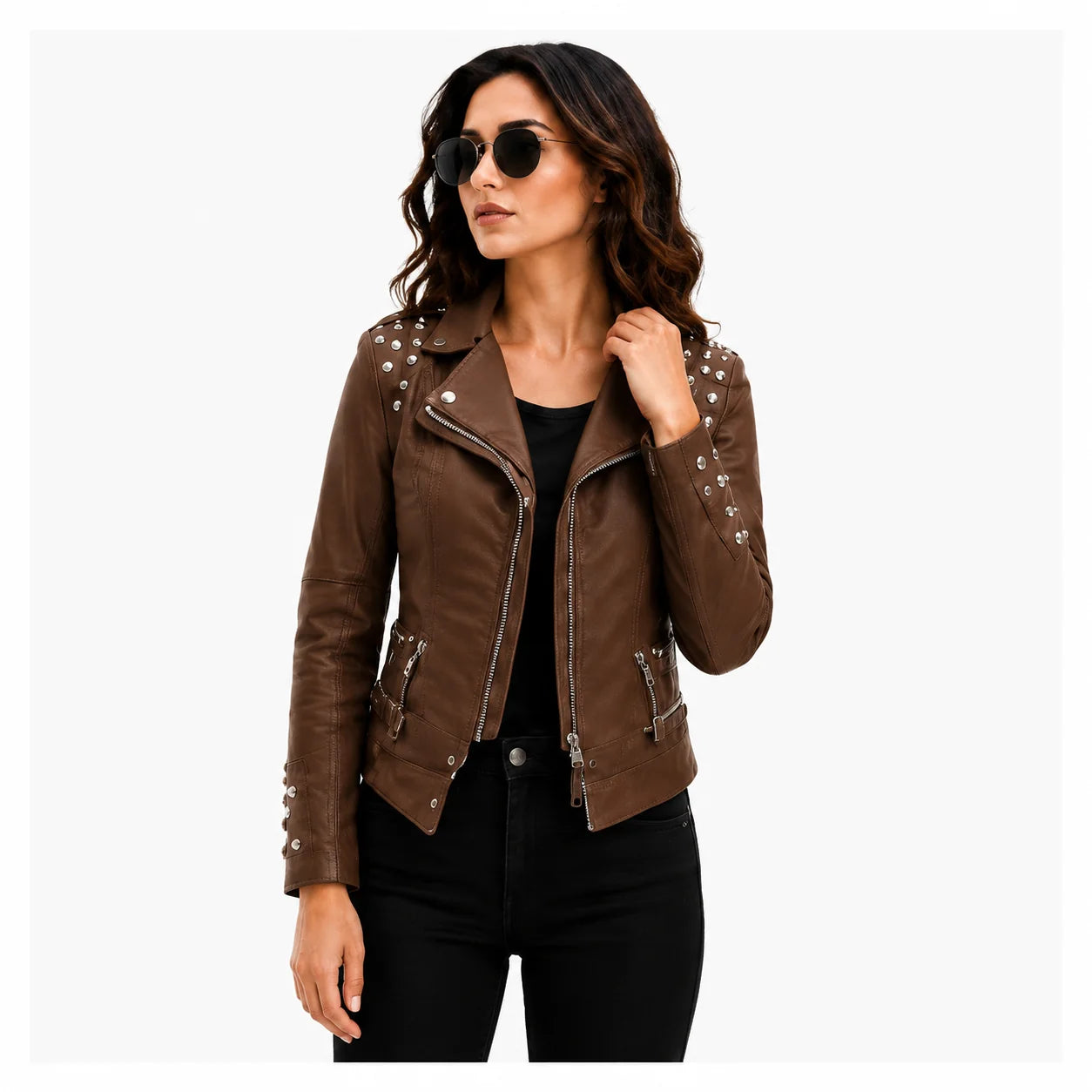 Brown Studded Leather Biker Jacket