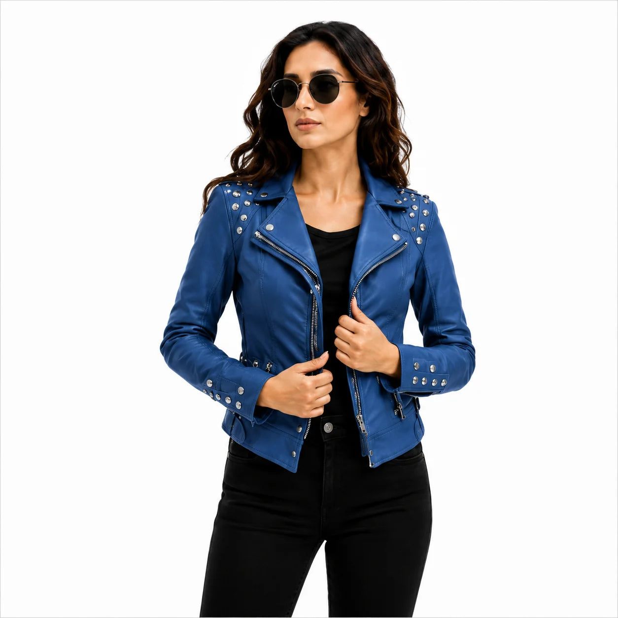 Women's Light Blue Studded Leather Biker Jacket