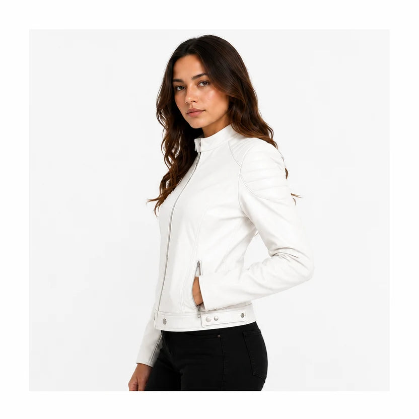 Women's White Genuine Leather Cafe Racer Jacket