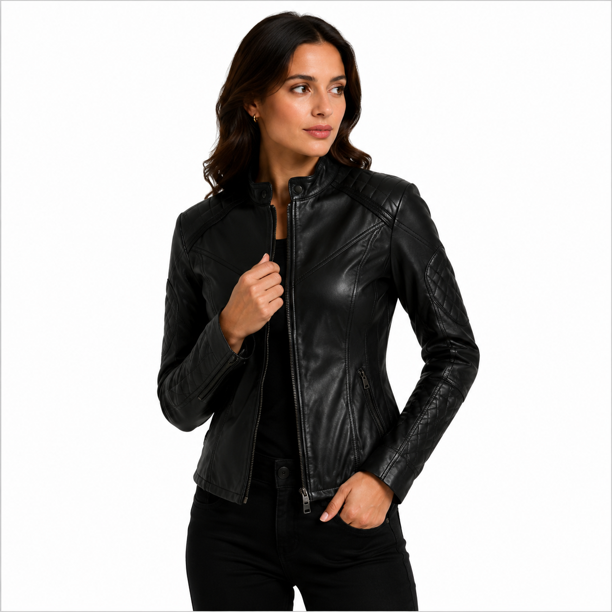 Women's Soft-Studded Black Leather Biker Jacket