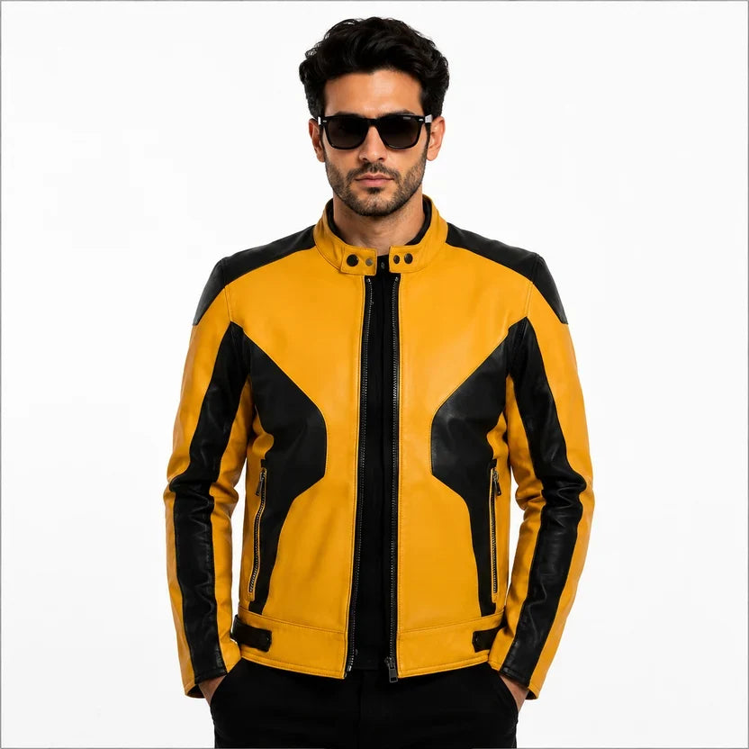 Men's White and Black Genuine Leather Biker Jacket