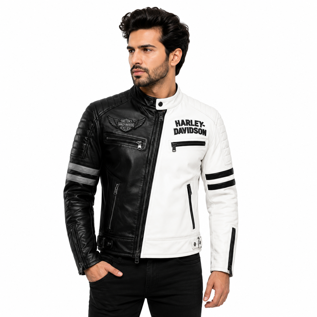 Men's Black White Split Leather Jacket Back Streetwear Outfit